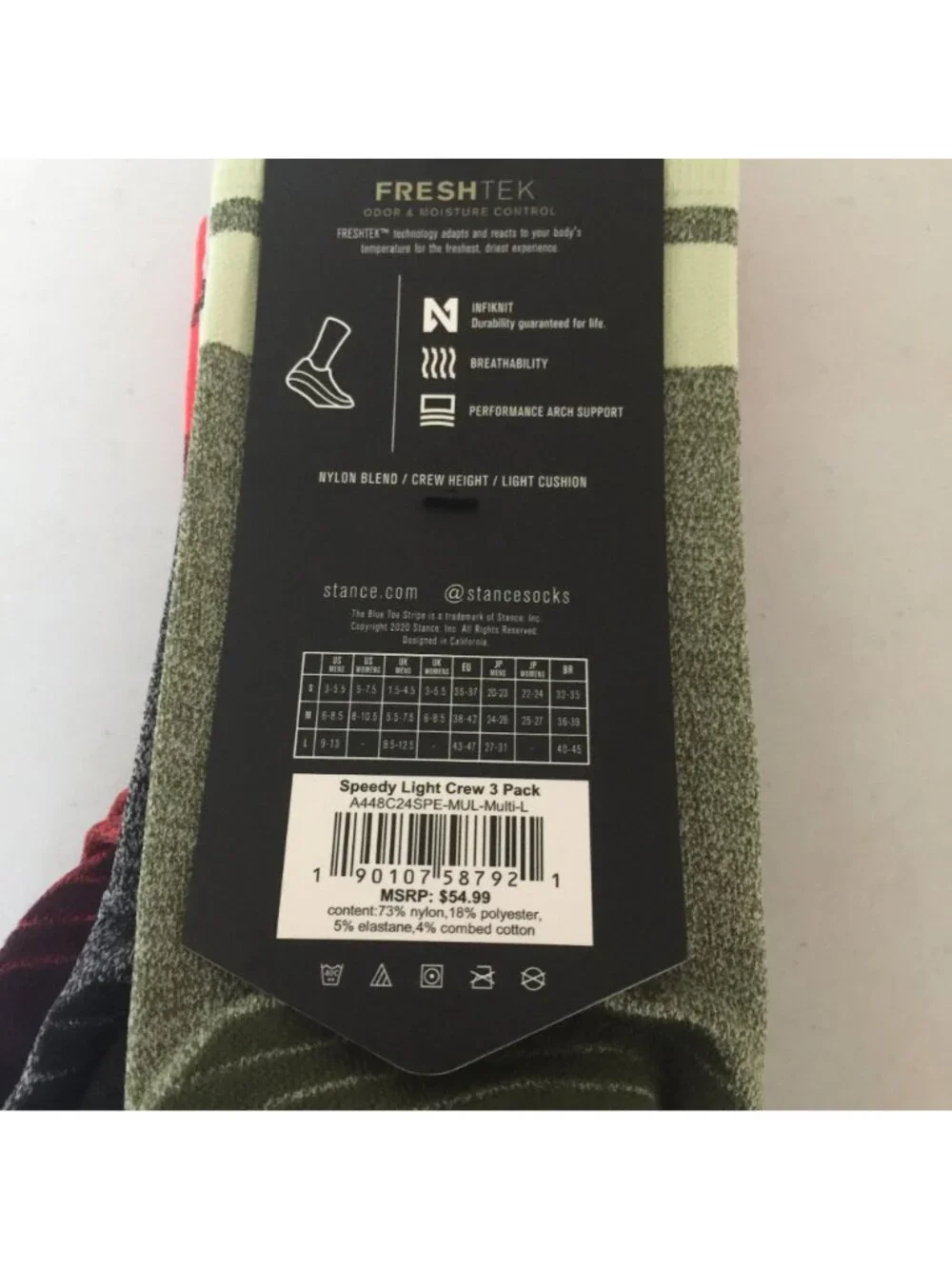 Stance Men's SPEEDY Light Crew Performance 3 Pack Size Large 9-13 Red Black Gree